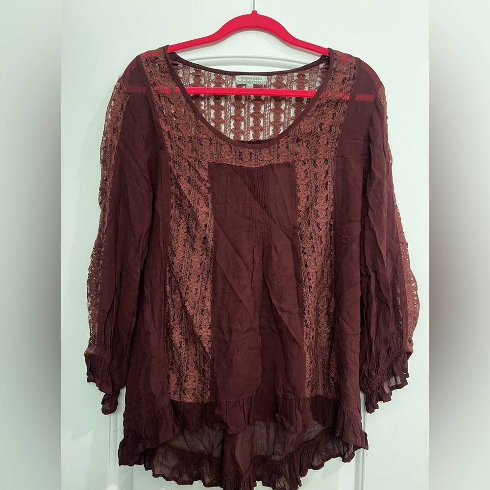World Market Burgundy Lace Blouse – Size L/XL – Boho Chic